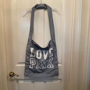 Love pink, Gray and white nylon bag     size 17 1/2” x 17”